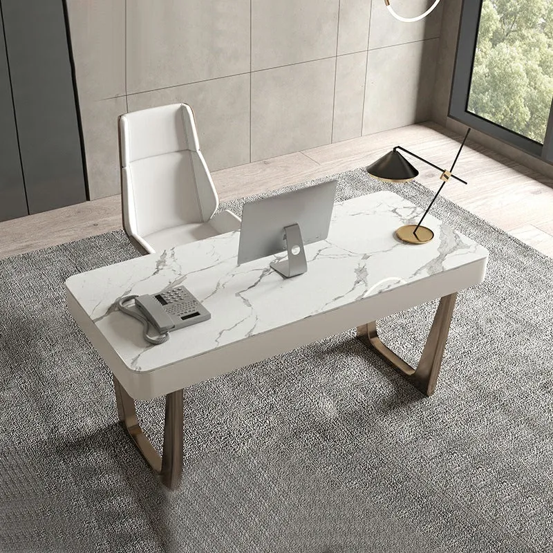 Bureau de travail moderne en pierre de forme rectangulaire avec 3 tiroirs en blanc Clearhalo