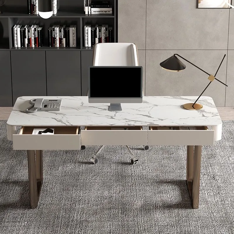 Bureau de travail moderne en pierre de forme rectangulaire avec 3 tiroirs en blanc Clearhalo