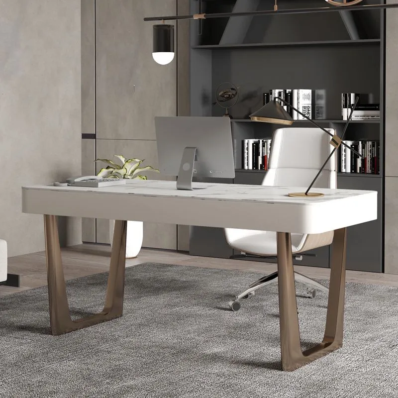 Bureau de travail moderne en pierre de forme rectangulaire avec 3 tiroirs en blanc Clearhalo