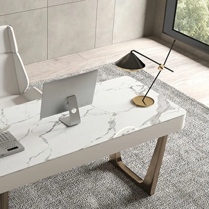 Bureau de travail moderne en pierre de forme rectangulaire avec 3 tiroirs en blanc Clearhalo