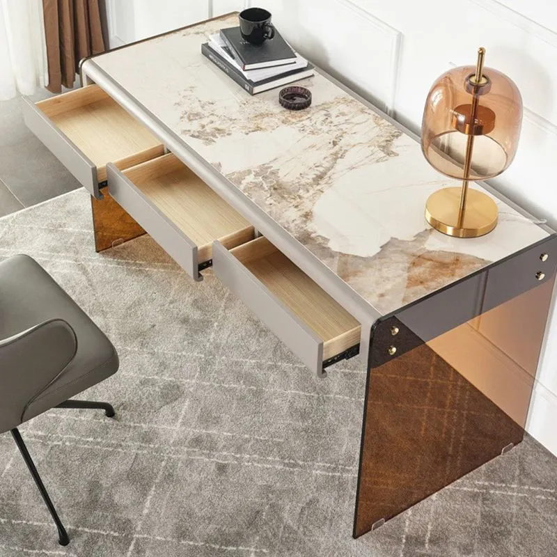 Bureau de travail en pierre de style contemporain Bureau de travail de forme rectangulaire avec 2 pieds Clearhalo
