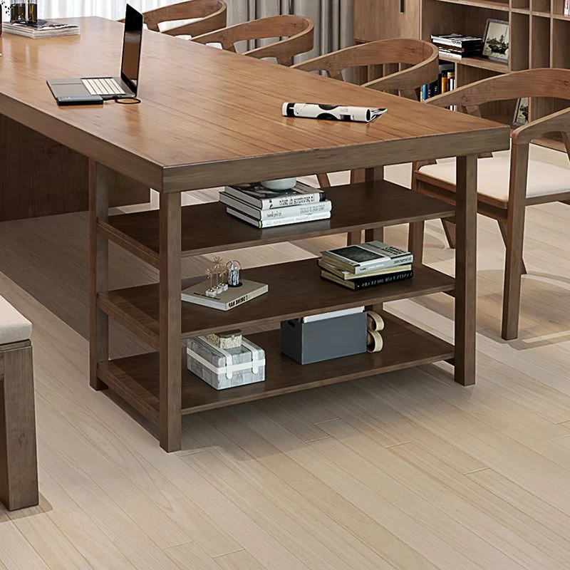 Bureau de travail rectangulaire moderne en bois massif avec tiroirs et étagères Clearhalo