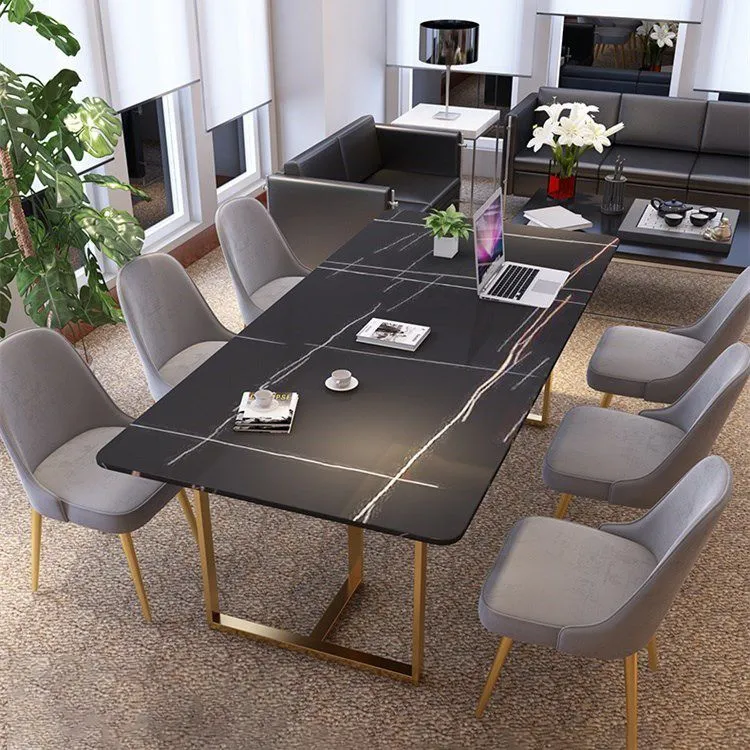 Bureaux de bureau en pierre de style moderne, table de conférence de forme rectangulaire avec 2 pieds en noir Clearhalo