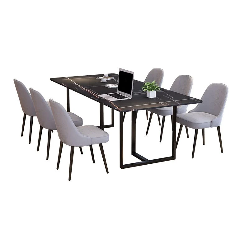 Bureaux de bureau en pierre de style moderne, table de conférence de forme rectangulaire avec 2 pieds en noir Clearhalo