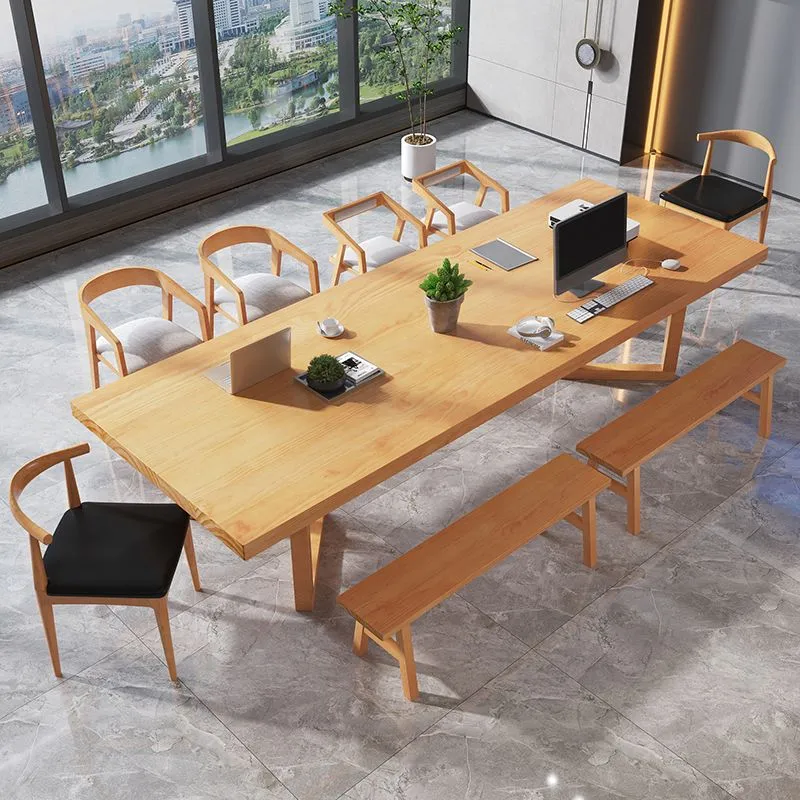Bureaux de travail en bois massif de style moderne, bureau de forme rectangulaire avec 2 pieds Clearhalo