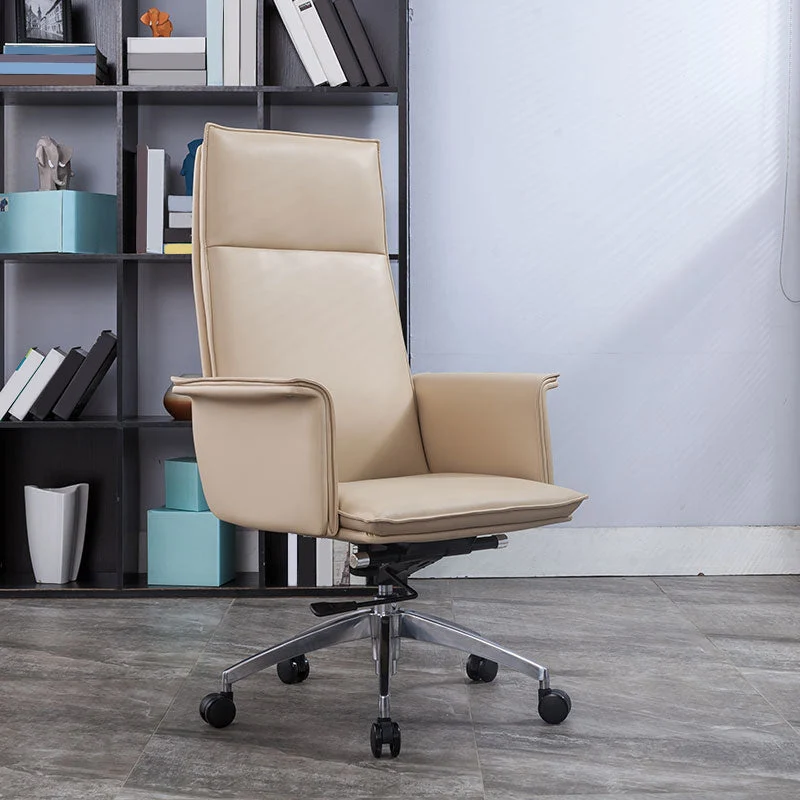 Chaise de bureau pivotante en cuir à dossier haut avec accoudoirs chromés, chaise de travail rembourrée Clearhalo