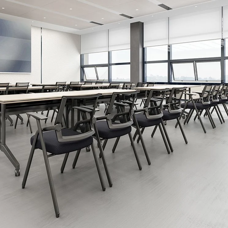 Chaise de conférence pliante à cadre en acier, siège en coton noir avec bras fixes Clearhalo