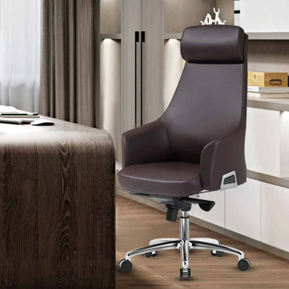 Chaise pivotante à bras fixes moderne, cadre chromé, chaise de bureau de gestion en cuir Clearhalo