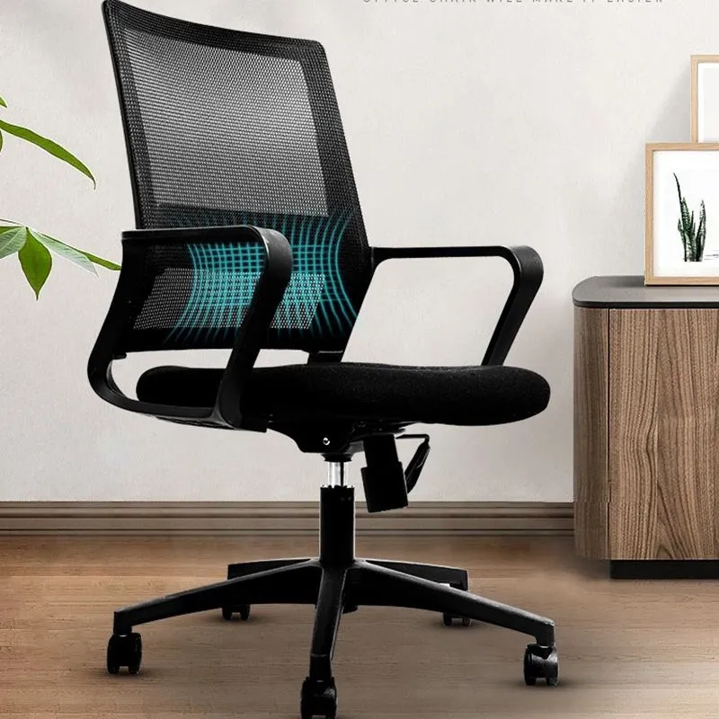Chaise pivotante noire à bras fixes, chaise à dossier moyen, chaise de bureau de direction souple Clearhalo