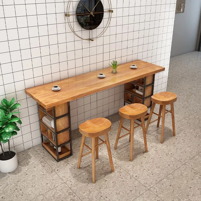 Ensemble de table de bar contemporain en bois massif, 1/4 pièces, table de bar rectangulaire et tabourets sans dossier Cle...