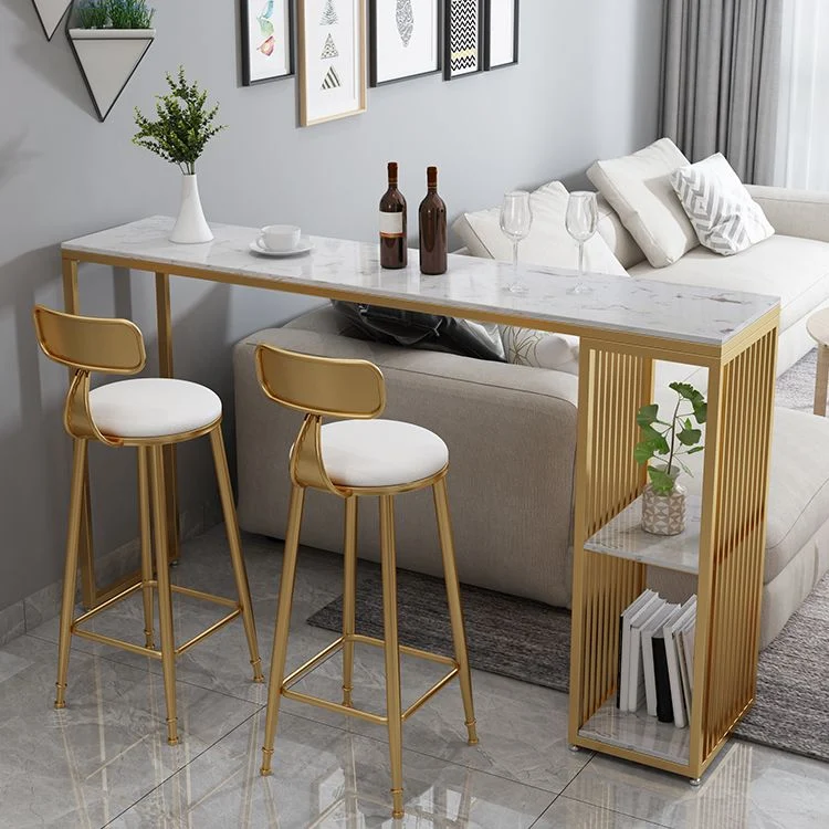 Ensemble de Table de Bar rectangulaire moderne, 1/3 pièces, Table et tabourets de Bar à cadre en métal noir et doré Clearhalo