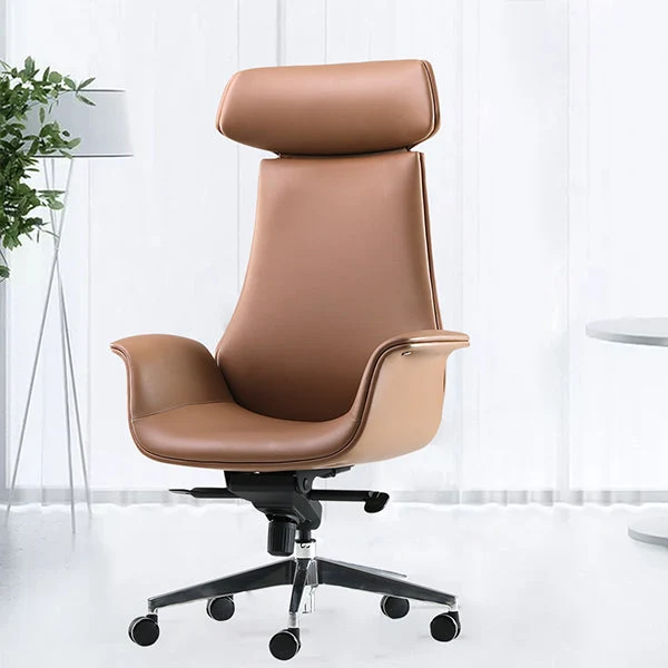 Fauteuil contemporain à accoudoirs fixes, hauteur de siège réglable, chaise de bureau en cuir marron Clearhalo