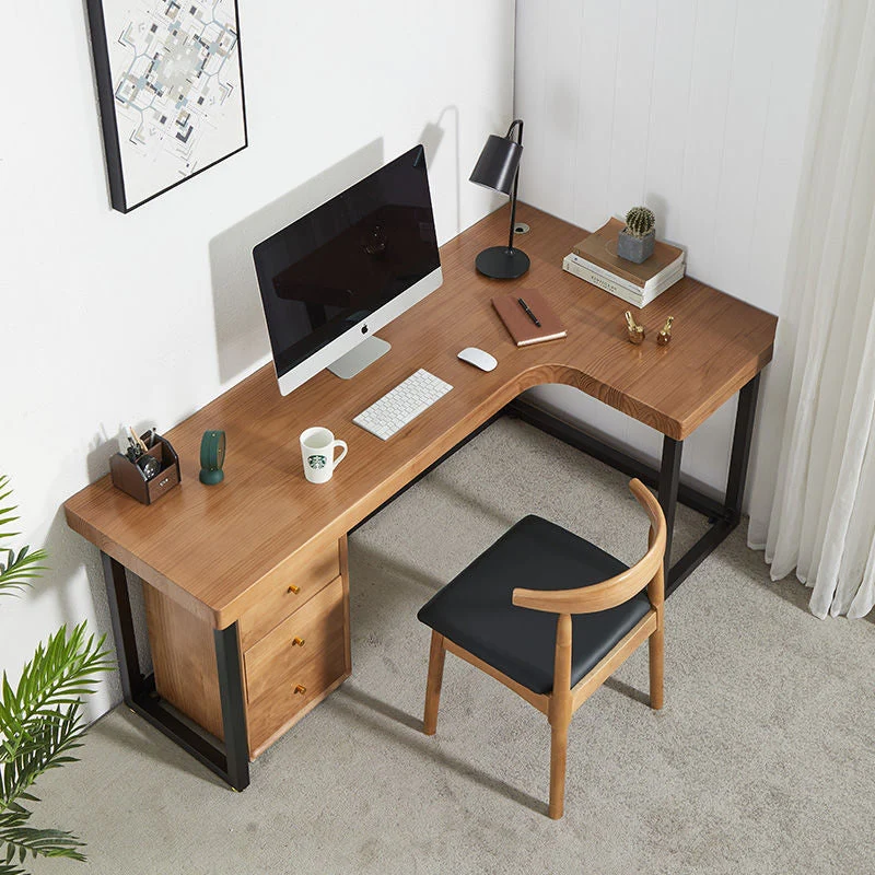 Table de bureau à domicile en bois massif Table de travail industrielle en forme de L Clearhalo