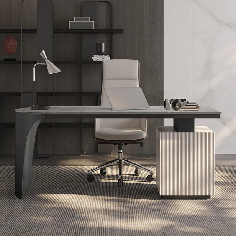 Table de bureau de forme irrégulière, bureau d'écriture en pierre, blanc/noir Clearhalo