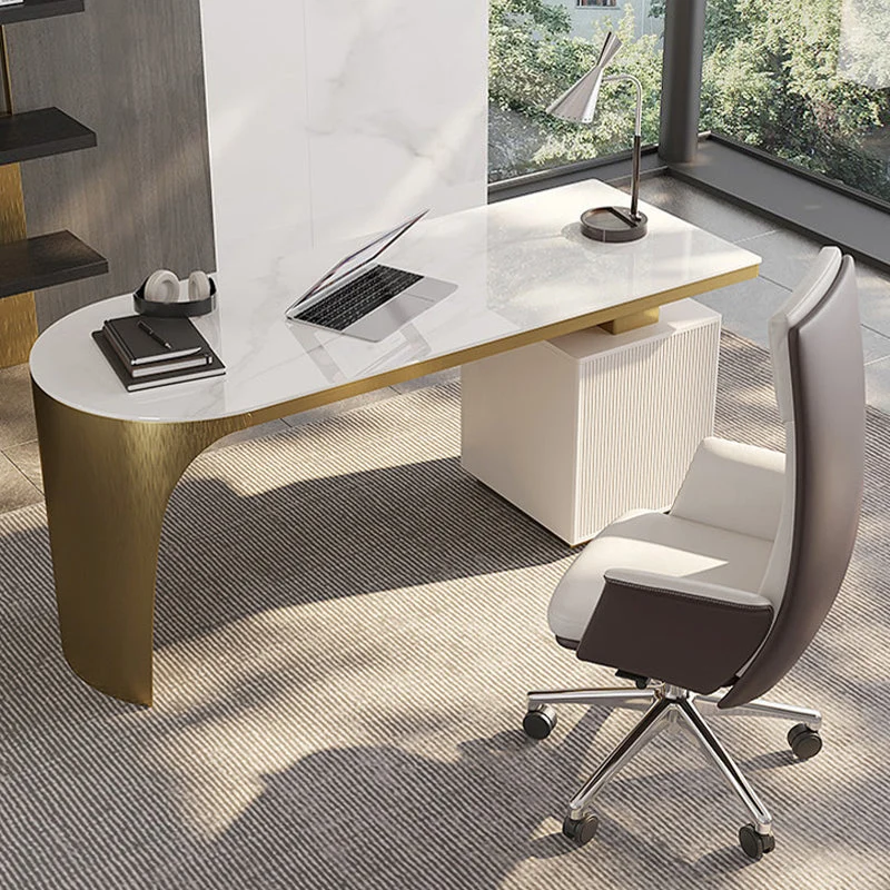 Table de bureau de forme irrégulière, bureau d'écriture en pierre, blanc/noir Clearhalo