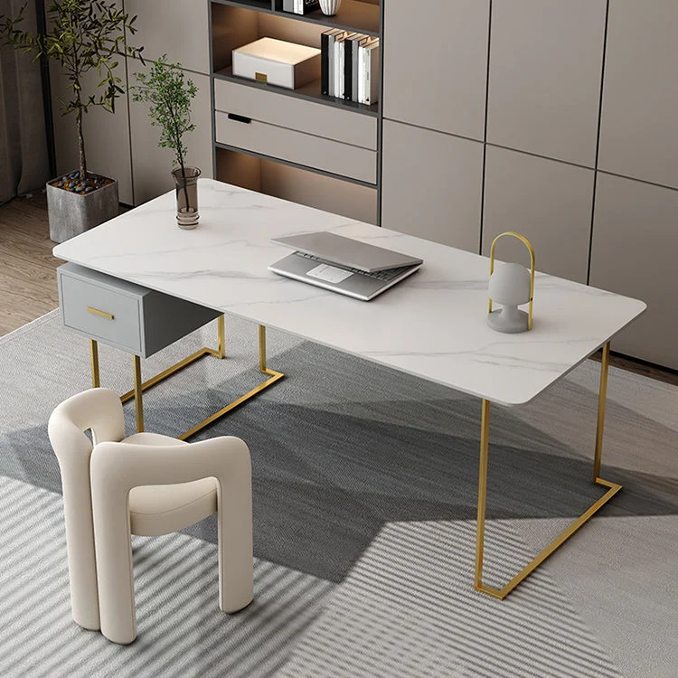 Table de bureau moderne de bureau de travail en pierre frittée rectangulaire avec tiroir Clearhalo