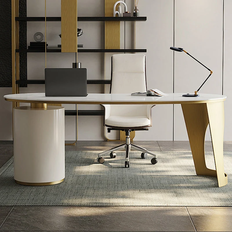 Table de bureau moderne de forme irrégulière, bureau d'écriture en pierre blanc à 2 pieds Clearhalo