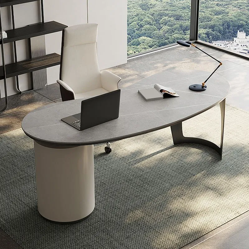 Table de bureau moderne de forme irrégulière, bureau d'écriture en pierre blanc à 2 pieds Clearhalo