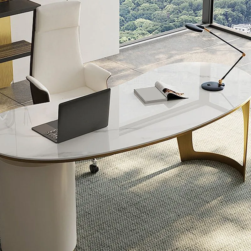 Table de bureau moderne de forme irrégulière, bureau d'écriture en pierre blanc à 2 pieds Clearhalo