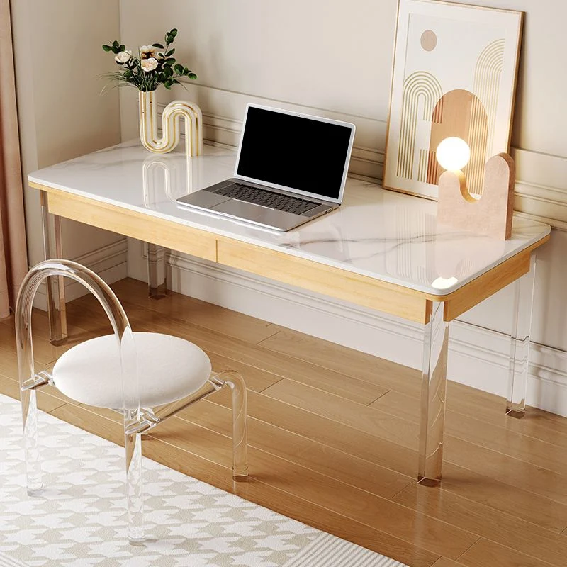 Table de bureau moderne de forme rectangulaire, bureau d'écriture en pierre blanc Clearhalo