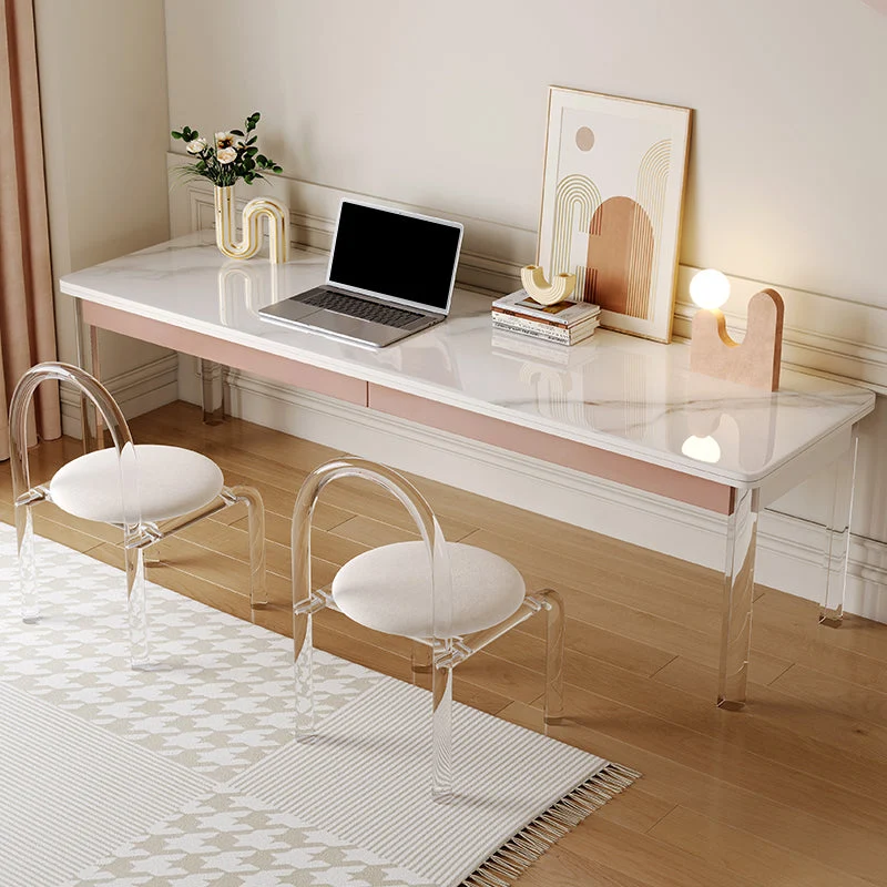 Table de bureau moderne de forme rectangulaire, bureau d'écriture en pierre blanc Clearhalo