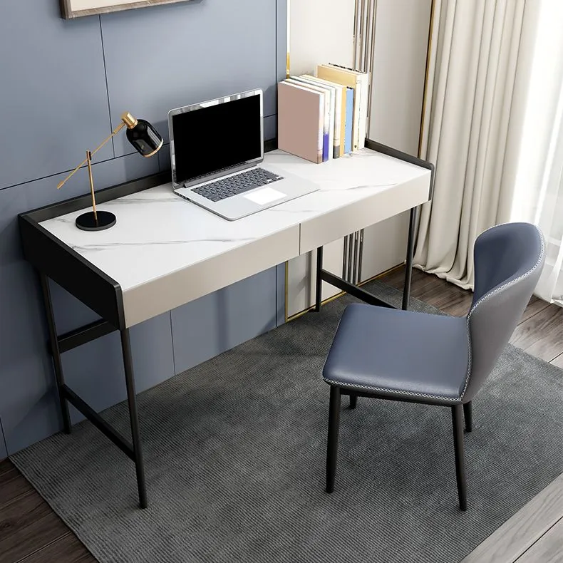 Table de bureau moderne de forme rectangulaire, bureau d'écriture en pierre blanc et noir Clearhalo