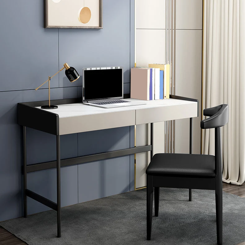 Table de bureau moderne de forme rectangulaire, bureau d'écriture en pierre blanc et noir Clearhalo