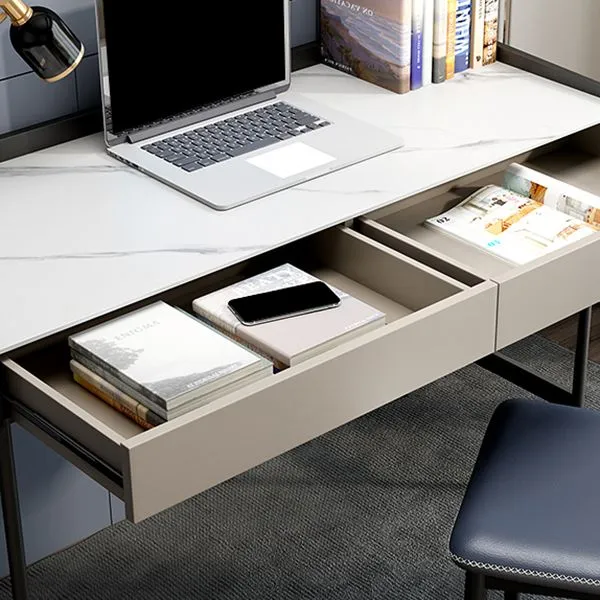 Table de bureau moderne de forme rectangulaire, bureau d'écriture en pierre blanc et noir Clearhalo