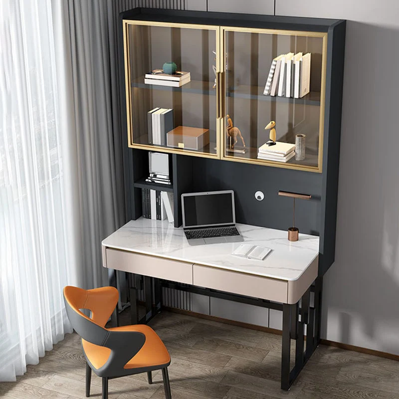 Table de bureau moderne de forme rectangulaire, bureau d'écriture en pierre gris/blanc Clearhalo