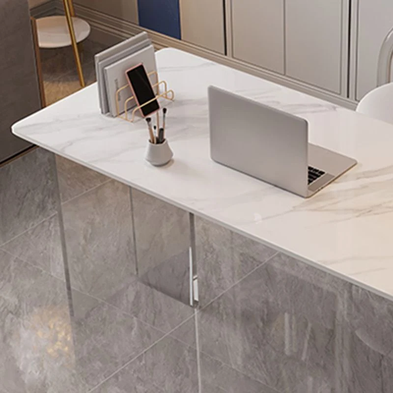 Table de bureau moderne de forme rectangulaire, bureau d'écriture en pierre, blanc/gris Clearhalo