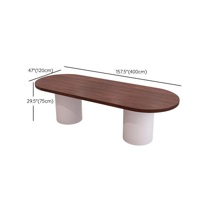 Table de conférence de bureau de forme ovale, bureau d'écriture en bois blanc et marron Clearhalo