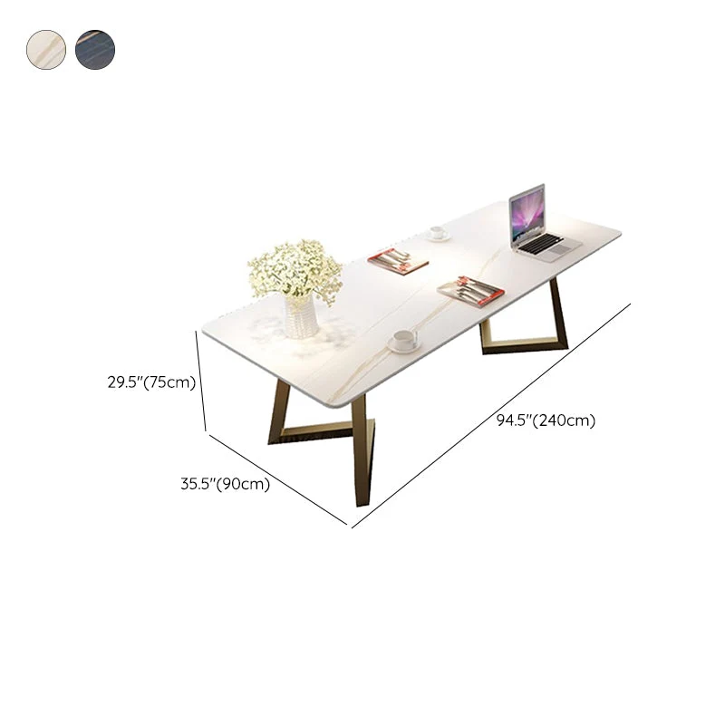 Table de conférence de forme rectangulaire de bureau en pierre moderne avec 2 pieds en or/noir Clearhalo