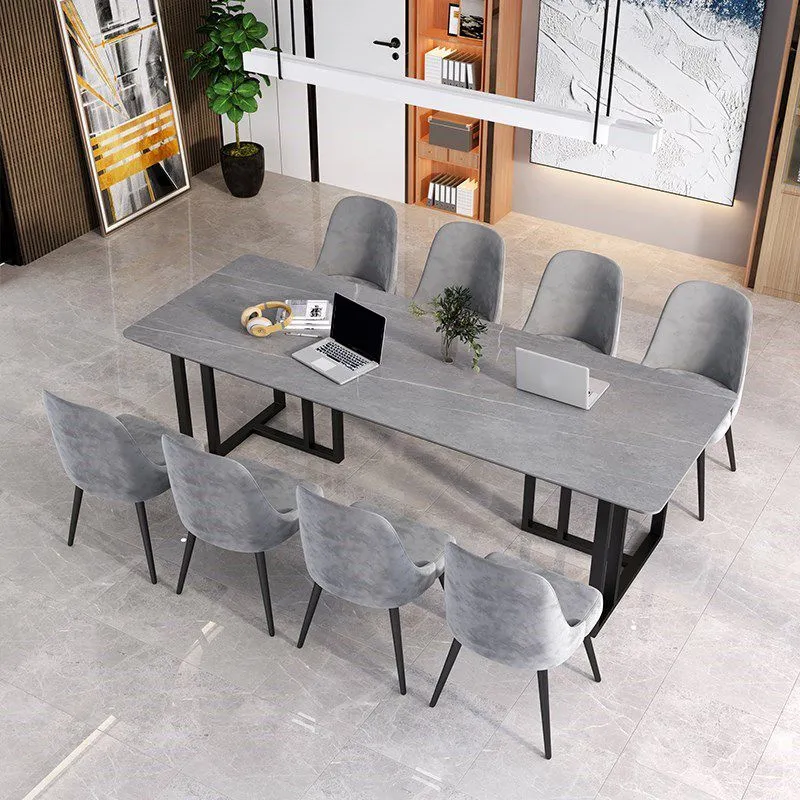 Table de conférence de forme rectangulaire en pierre de style moderne avec 2 pieds en noir Clearhalo