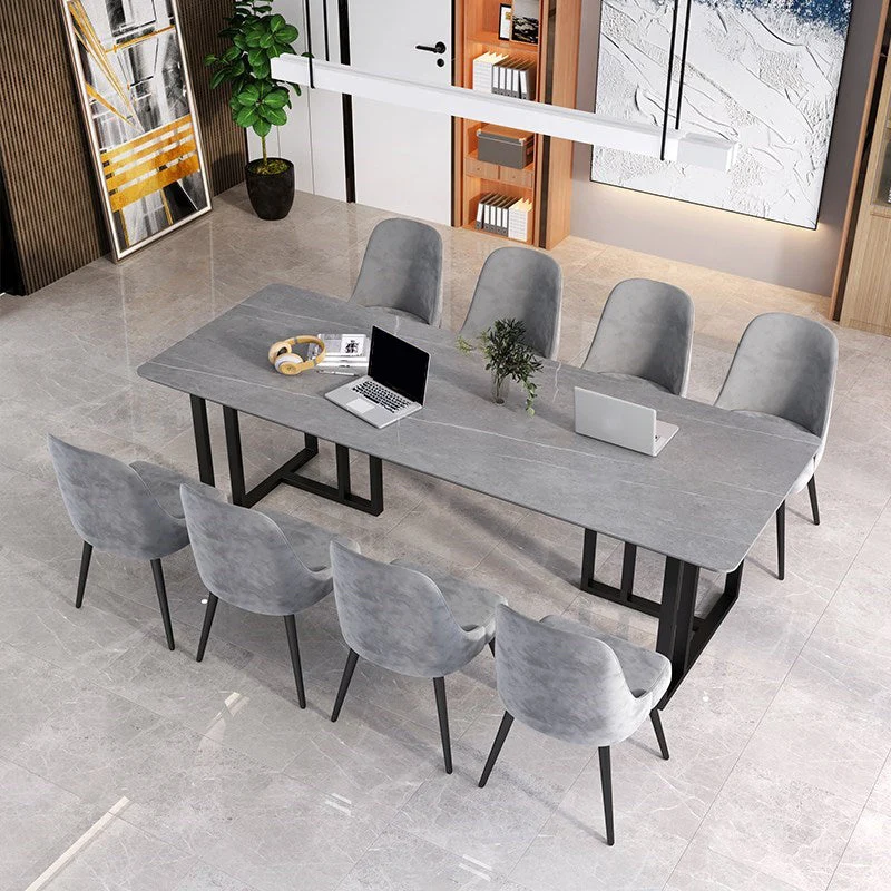 Table de conférence de forme rectangulaire en pierre de style moderne avec 2 pieds en noir Clearhalo