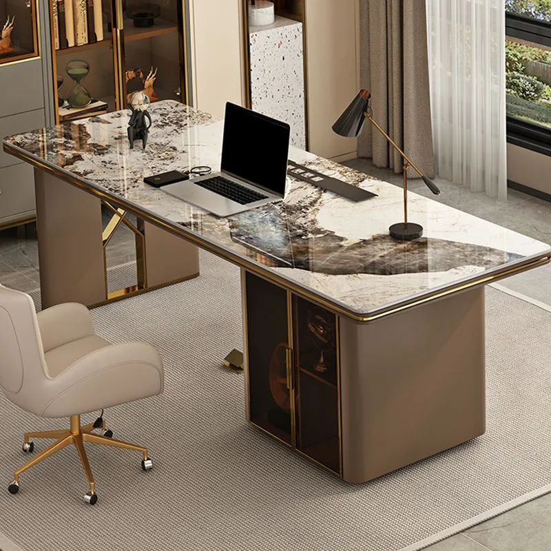 Table de conférence de forme rectangulaire en pierre de style moderne avec 2 pieds en marron Clearhalo