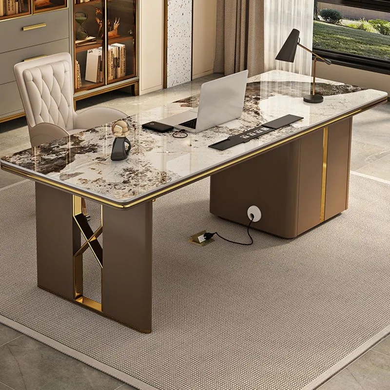 Table de conférence de forme rectangulaire en pierre de style moderne avec 2 pieds en marron Clearhalo