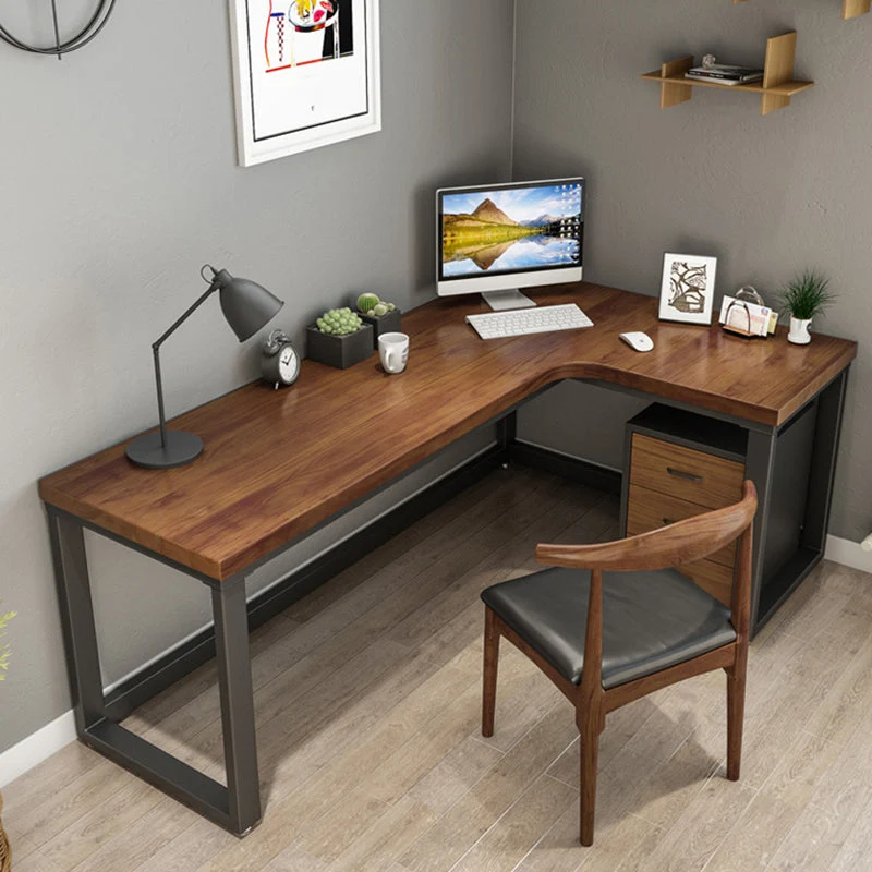 Table d'écriture de bureau en forme de L, bureau de travail industriel en bois massif pour la maison Clearhalo