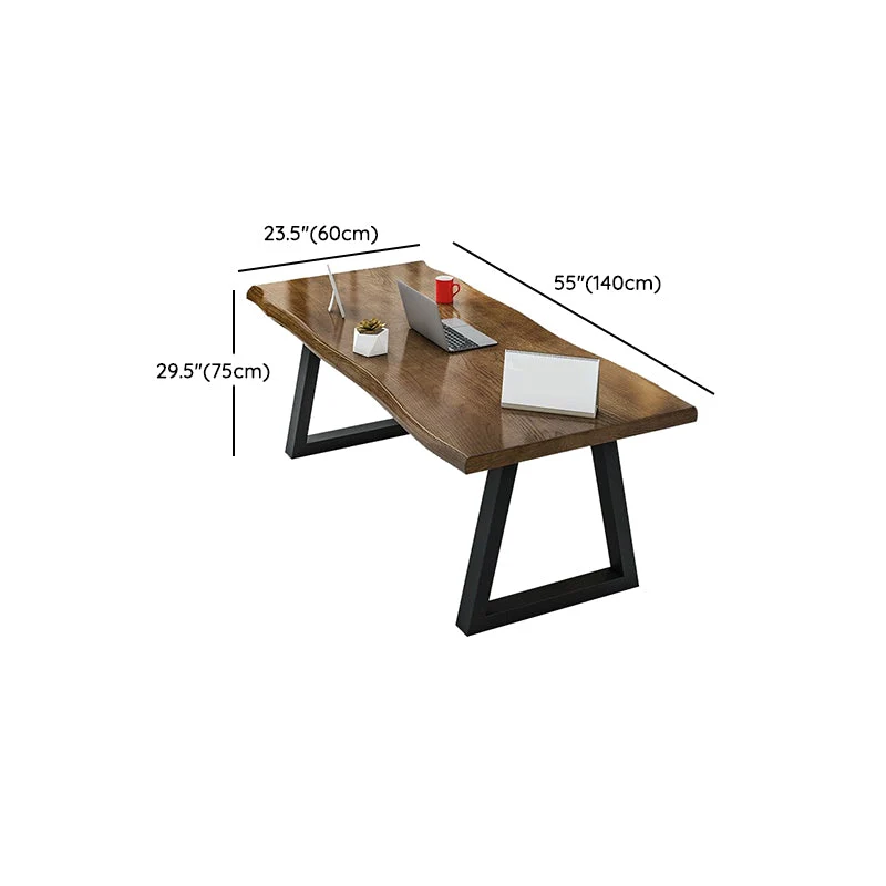 Table d'écriture de bureau de forme irrégulière en bois massif marron avec pieds en métal Clearhalo