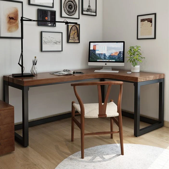 Table d'écriture en forme de L, table de travail en bois massif de style industriel Clearhalo