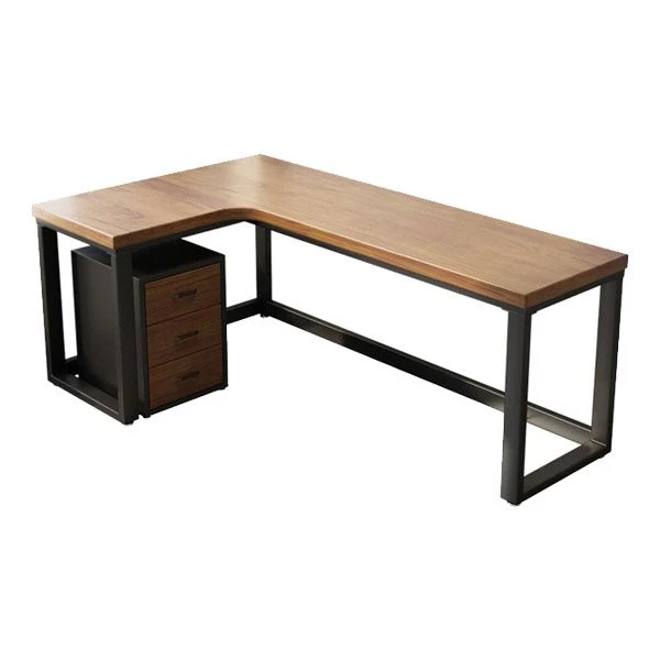 Table d'écriture industrielle en bois massif, table de bureau fixe en forme de L avec étagère Clearhalo