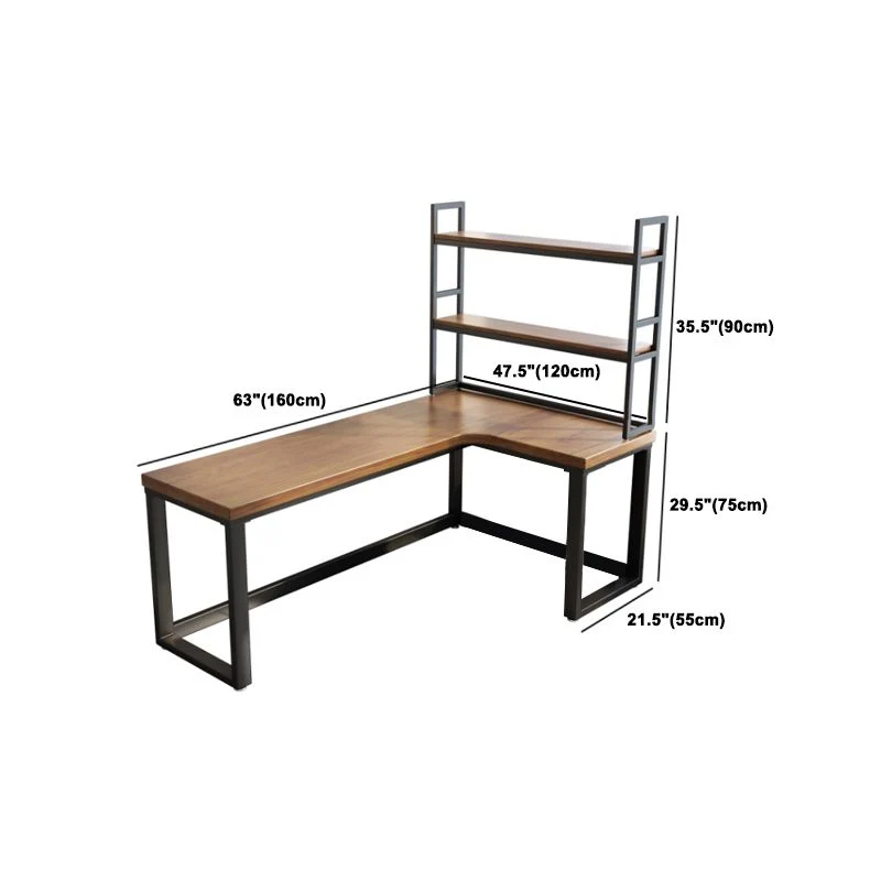 Table d'écriture industrielle en bois massif, table de bureau fixe en forme de L avec étagère Clearhalo