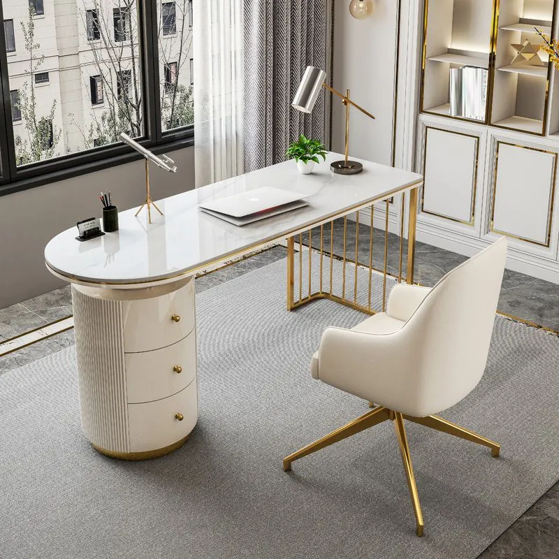 Table d'écriture moderne de forme libre, bureau en pierre frittée avec tiroirs Clearhalo