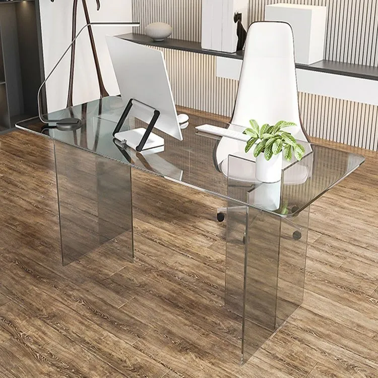 Table d'écriture rectangulaire pour la maison, bureau de travail moderne en verre avec pieds en verre Clearhalo