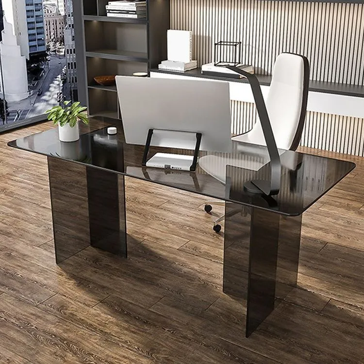 Table d'écriture rectangulaire pour la maison, bureau de travail moderne en verre avec pieds en verre Clearhalo