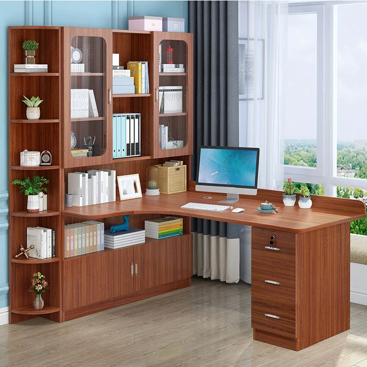 Table d'ordinateur portable de bureau de forme irrégulière, bureau d'écriture en bois avec 3 tiroirs pour la maison Clearhalo