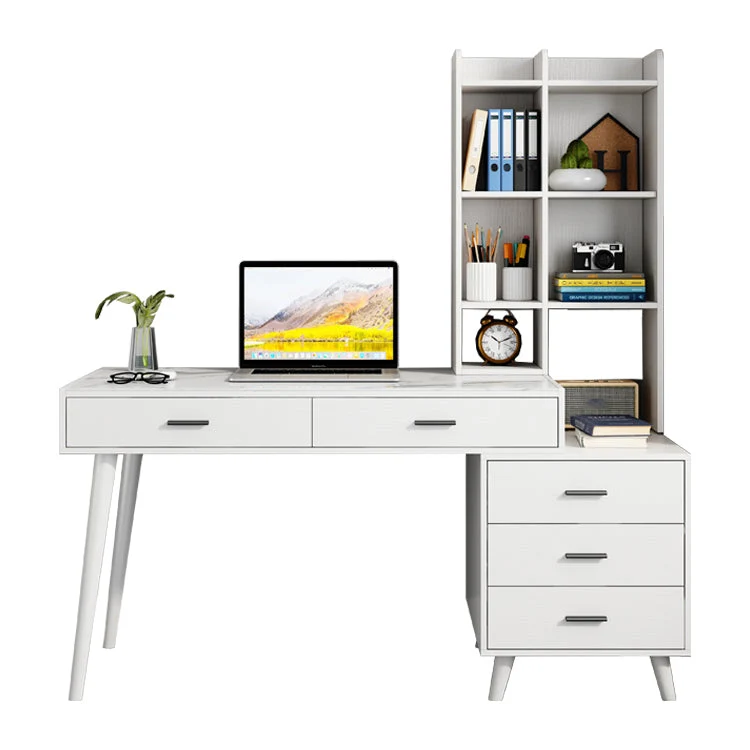 Table d'ordinateur portable de bureau de forme rectangulaire, bureau d'écriture en pierre blanche avec 5 tiroirs Clearhalo