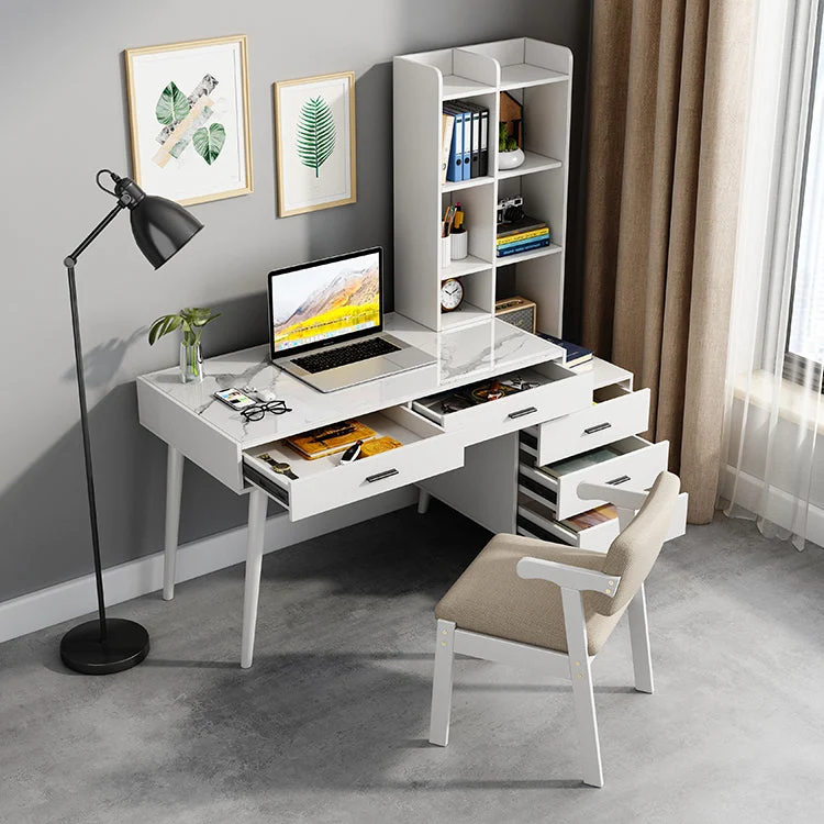 Table d'ordinateur portable de bureau de forme rectangulaire, bureau d'écriture en pierre blanche avec 5 tiroirs Clearhalo