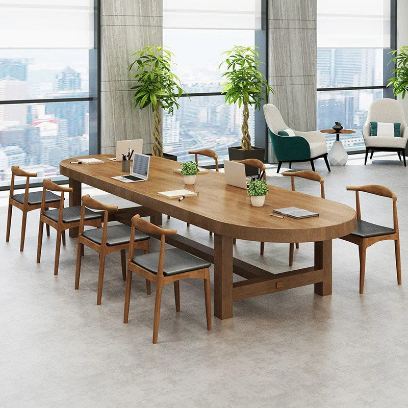 Table de réunion de bureau, bureau d'écriture moderne de forme ovale avec bois massif Clearhalo