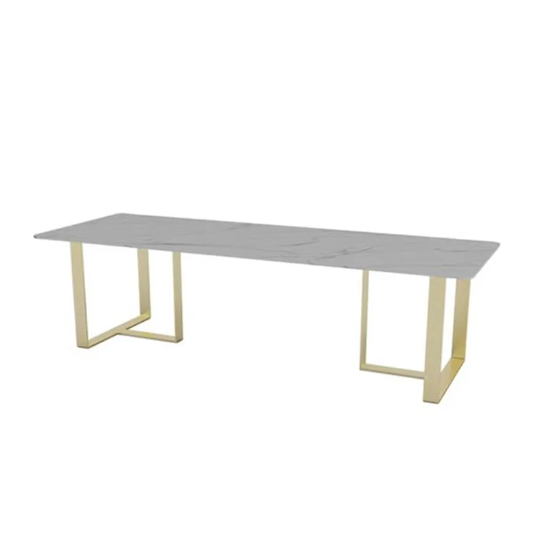 Table de travail de bureau de forme rectangulaire, bureau d'écriture en pierre blanc et doré Clearhalo