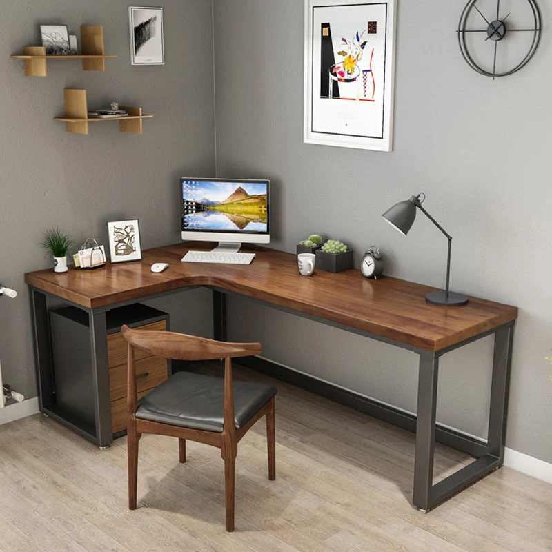 Table de travail à domicile en bois massif, table d'écriture industrielle en forme de L Clearhalo